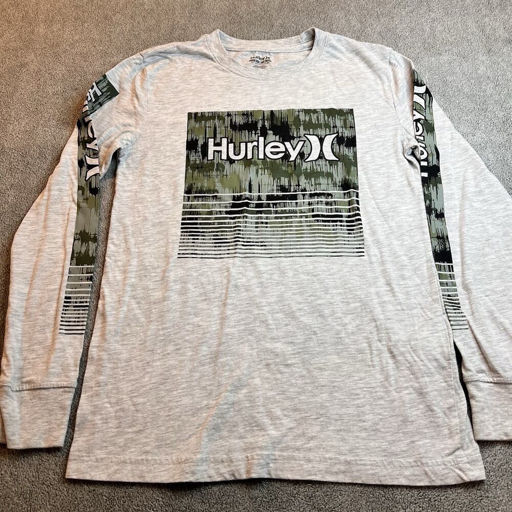 Hurley Boys Size Large 12-13 Gray Heather Long Sleeve T-Shirt Olive Camo Logo